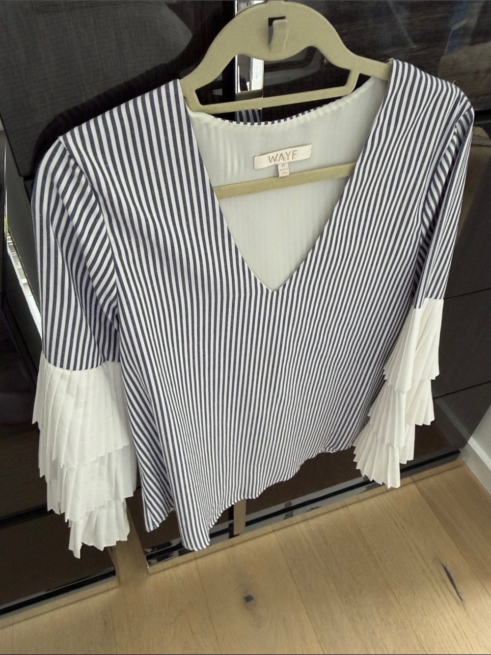 Wayf Navy & White Striped V-Neck Top with White Pleated Tiered Sleeves